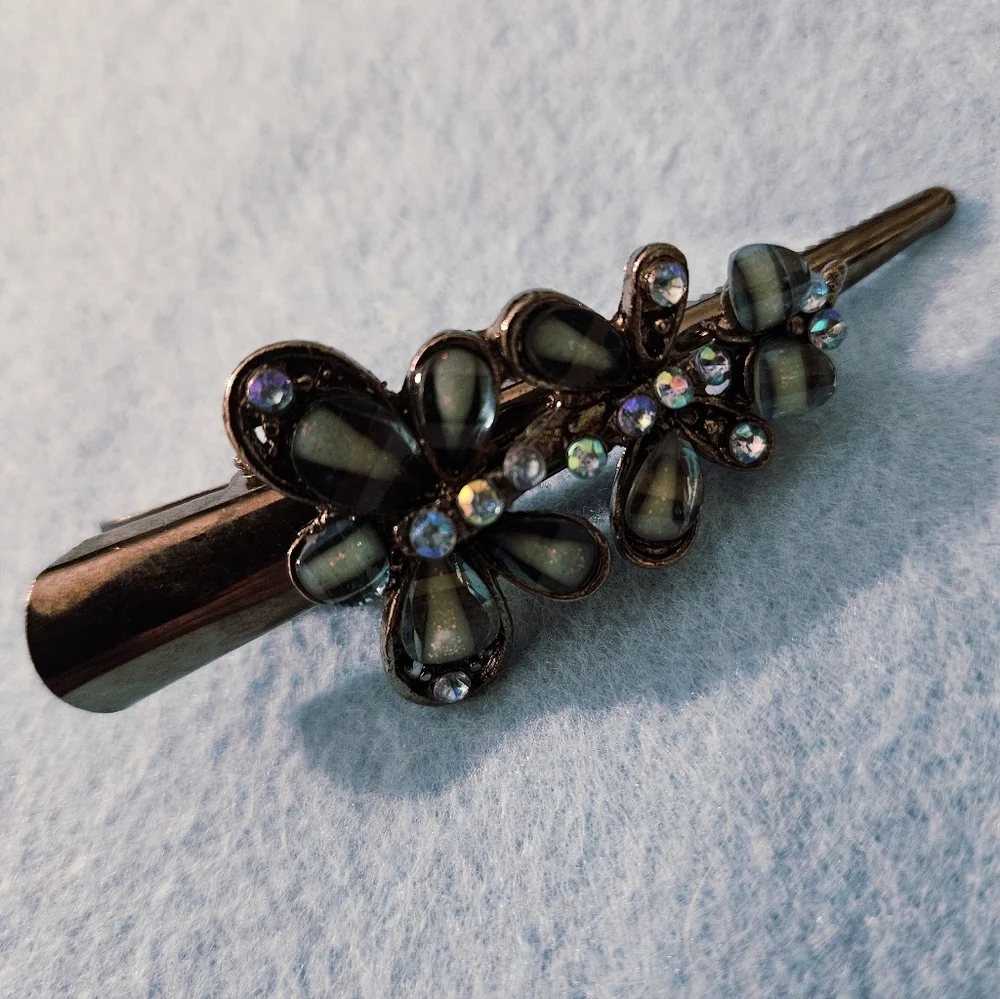 VTG 1970s Rhinestone Butterfly Alligator-Style Beak Hair Clip Barette Gunmetal